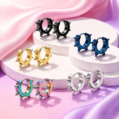 Stainless Steel Mens Womens Hoop Earrings Piercings Huggie Hypoallergenic - color: silver, blue, black, rainbow, gold