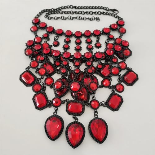 925 Sterling Silver Bib Jewelry Sets For Women - ZA Indian Ethnic Round Water Drop Crystal Tassel Necklace Earrings Jewelry Sets Statement Large, Chunky Rhinestone Necklace - color: Red - Bib Necklace