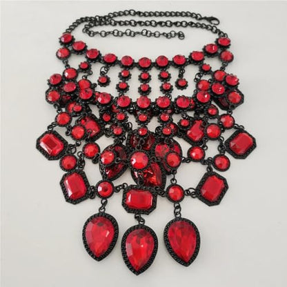 925 Sterling Silver Bib Jewelry Sets For Women - ZA Indian Ethnic Round Water Drop Crystal Tassel Necklace Earrings Jewelry Sets Statement Large, Chunky Rhinestone Necklace - color: Red - Bib Necklace