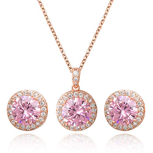 Bridal Crystal Jewelry Set - Sterling Silver Round Cubic Zirconia CZ Rhinestone Halo Birthstone Pendant Necklace Stud Earrings Set for Wedding Bride Bridesmaids Birthday Gift - color: Pink