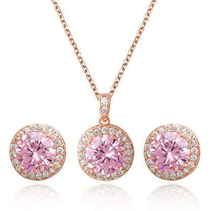 Bridal Crystal Jewelry Set - Sterling Silver Round Cubic Zirconia CZ Rhinestone Halo Birthstone Pendant Necklace Stud Earrings Set for Wedding Bride Bridesmaids Birthday Gift - color: Pink
