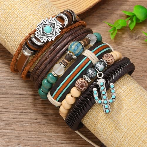 Western Outfits for Women Turquoise Western Bracelets Bohemian Vintage Stackable Beaded Leather Bracelets Adjustable Hand-woven Layered Bracelet Western Country Concert Jewelry for Women - style: Turquoise Cactus