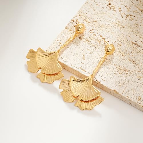 Sylph Large Gold Earrings for Women, Chunky Gold Statement Drop Dangle Earring Maple Leave Ginko Leaf Jewelry Gifts - style: Large Ginko Leaf Earrings