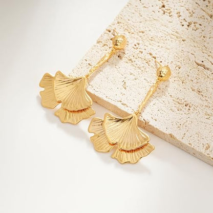 Sylph Large Gold Earrings for Women, Chunky Gold Statement Drop Dangle Earring Maple Leave Ginko Leaf Jewelry Gifts - style: Large Ginko Leaf Earrings