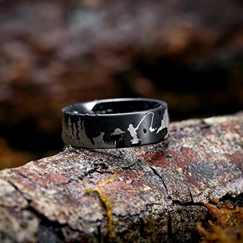 King Will Mens 6mm 8mm Tungsten Carbide Wedding Bands Inlay Lasered Brushed Wedding Rings for Men Women | Brushed, Lasered Seagull/Forest Landscap/Panda/Deer/Hunting/Fly Fishing, Comfort Fit, Everyday Wear - color: Fly Fishing