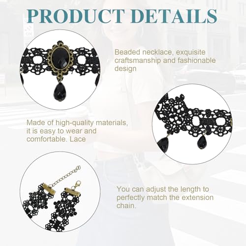 Gothic Choker Necklace, Black Lace Choker with Crystal Pendant for Women, Witch Style Adjustable Collar Gothic Halloween and Vampire Themed Vintage Thick Neck Jewelry Accessories
