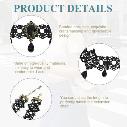 Gothic Choker Necklace, Black Lace Choker with Crystal Pendant for Women, Witch Style Adjustable Collar Gothic Halloween and Vampire Themed Vintage Thick Neck Jewelry Accessories