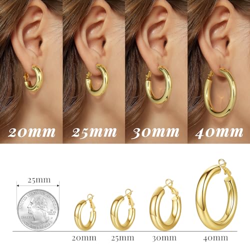 SHOWNII Chunky Gold Hoop Earrings - 14K Gold Plated Earrings for Women Hollow Tube Lightweight Thick Hoops 20/25/30/40mm Valentines Graduation Mother's Day Birthday Gifts - color: 25 Millimeters-Gold Plated & White Gold Plated