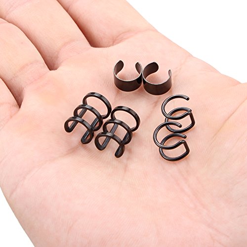 Stainless Steel Ear Cuff Non piercing Fake Clip-on Cartilage Earring Set Women Men 6pcs - color: 6PCS - Black