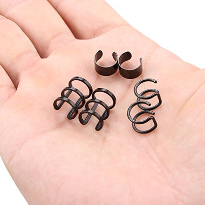 Stainless Steel Ear Cuff Non piercing Fake Clip-on Cartilage Earring Set Women Men 6pcs - color: 6PCS - Black