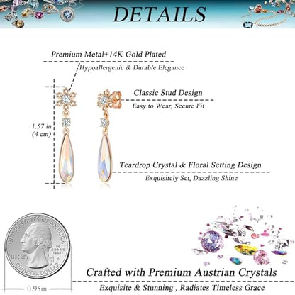 Austrian Crystal Teardrop Earrings Flower Dangle Earrings for Women 14K Gold Plated Drop Stud Earrings Hypoallergenic Jewelry - color: Aurora Borealis