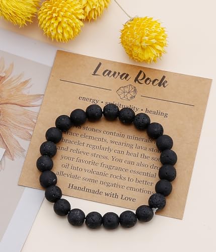 BOMAIL Natural Stone Beaded Bracelet for Women Men | 8mm Round Beads,Healing Crystal,Semi-Precious Gemstone,Yoga,Stretch,Bracelets Jewelry Gift - color: Lava Rock