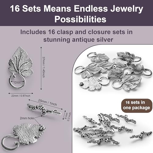 Heather's cf Toggle Clasps for Jewelry Making, 16 Sets Antique Silver Grape Leaf Toggle Jewelry Clasps, Large Necklace Clasp & Bracelet Clasps and Closures for DIY Jewelry Making - color: Large silver toggle clasp