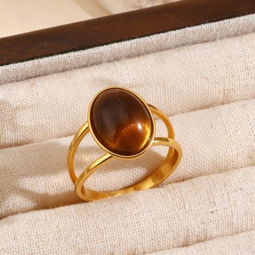 Tiger Eye Ring for Women, 18K Gold Plated Stainless Steel Signet Rings Non Tarnish Statement Jewelry Birthday Gifts