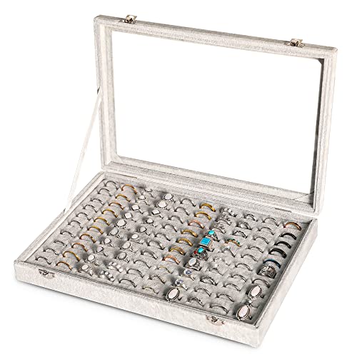 100 Slots Ring Organizer Tray,Velvet Ring Box with Clear Lid | Velvet Lining Provides Protection,Fits Rings of Various Sizes,Glass Lid Jewelry Tray,for Personal Use and Ring Display - color: Grey