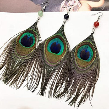 Long Feather Earrings Multicolor Tassel Feather Earrings Handmade Boho Bohemian Peacock Feather Hook Earrings for Women Jewelry - style: green bead