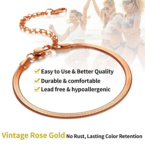 ChainsHouse Stainless Steel Herringbone Flat Chain Bracelets for Women,18K Gold/Rose Gold/Black Metal Paperclip/Snake/Cuban/Figaro Sterling Silver Link Charm Bracelet, 16+5cm Adjustable, With Gift Box - color: h. herringbone-rose gold-3mm