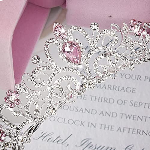 COCIDE Silver Tiara Crowns Crystal Headband Princess Rhinestone Crown with Combs Bride Headbands Bridal Wedding Prom Birthday Party Pink Hair Accessories Jewelry for Women and Girls - color: TF Silver+Clear&Pink