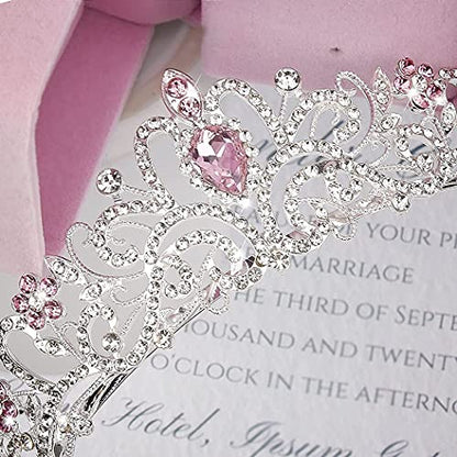 COCIDE Silver Tiara Crowns Crystal Headband Princess Rhinestone Crown with Combs Bride Headbands Bridal Wedding Prom Birthday Party Pink Hair Accessories Jewelry for Women and Girls - color: TF Silver+Clear&Pink