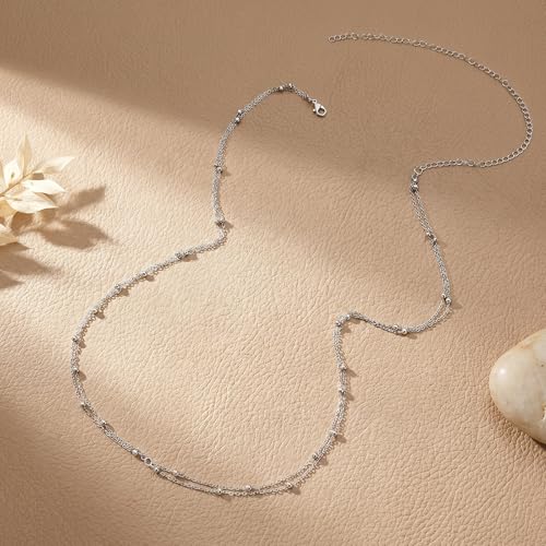 Waist Chain, Layered Silver Belly Chain with Satellite Beads Adjustable Silver Body Chains for Women Waterproof Belly Necklace for Summer Beach Jewelry Gifts for Women