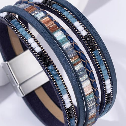 Boho Leather Wrap Bracelets Beaded Stackable Cuff Bracelet Country Concert Outfits Cowboy Cowgirl Western Jewelry Gifts for Women - color: 2layer-Blue