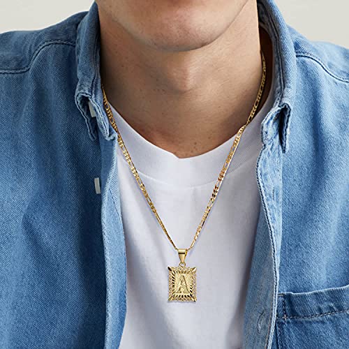 KissYan Initial Letter Pendant Necklace for Men Women, 14K Gold Plated Square Capital Monogram Necklace Alphabets from A-Z Figaro Chain Jewelry | 14K Gold Filled/White Gold Plated, Square Letter Capital Monogram Pendant with 20''+2'' Figaro Chain, Alphabe