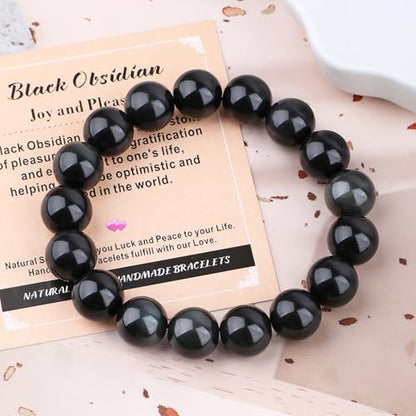 AD Beads Handmade Gemstone Stretch Elastic Bracelet Crystal Healing Reiki Nature's Beauty and Spiritual Essence Unisex (12mm, Black Obsidian (Pleasure)) - color: Black Obsidian (Pleasure), size: 12mm