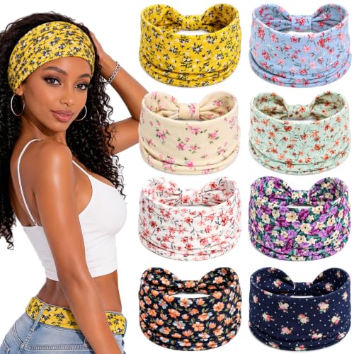 Awumbuk Wide Headbands for Women Knotted Non Slip, 8 Pack Soft Head Bands to Hide Hairline, Fashion Boho Style Bandana, Moisture Wicking Hair Bands for Workout Sports Yoga Makeup - color: Floral Purple