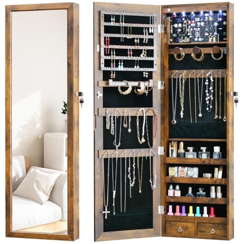 Jewelry LED Cabinet with Mirror 47.3"Mirror Jewelry Armoire over the Door | Door Hanging/Wall Mounted Mirror with Storage And Drawers Rustic Brown - color: Rustic Brown, size: 47.3*14.6