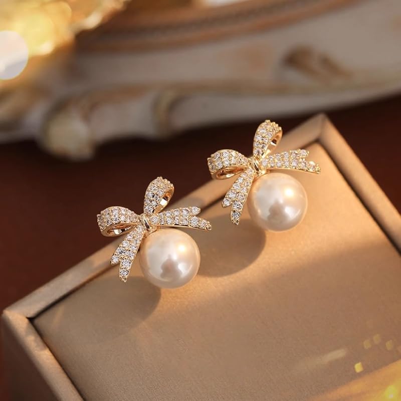 Gold Bow Earrings for Women, Long Tassel Chain Drop Earrings, Trendy Small Bow Earrings, Ribbon Waterfall Dangling Earrings, Pearl Bow Earrings, Sparkly Elegant Bowknot Preppy Jewelry Gifts for Women - color: Gold Bow-J