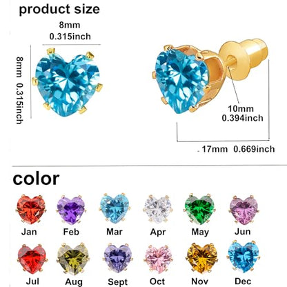 8mm Heart-Cut Birthstone Stud Earrings for Women – 18K Gold Plated Hypoallergenic Cubic Zirconia Earrings, Nickel Free, 12 Months Colors, Everyday Jewelry, Gift for Her, Bridal, Birthday, Christmas - color: 03 Mar Aquamarine