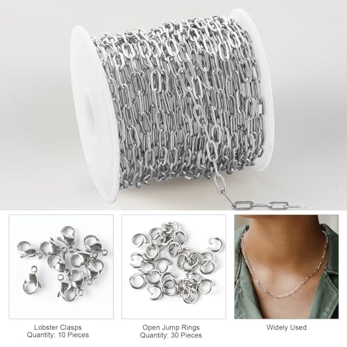Kyutong 16.4 Feet Stainless Steel Paperclip Chain Links for Jewelry Making | 3MM Paper clip Necklace Chains Bulk for DIY Craft Bracelet Ankle Finding Jewelry Supplies - color: 3mm Paperclip Silver