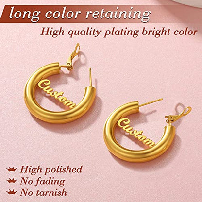FindChic Hoop Earrings for Women, Silver/Black/14K Gold Plated Hypoallergenic Hollow Round Tube Loop Earrings, 20mm/30mm/40mm/60mm/80mm Chunky Hoops with Custom Name Options & Gift Box - color: f.Gold (Custom Name), size: 30MM