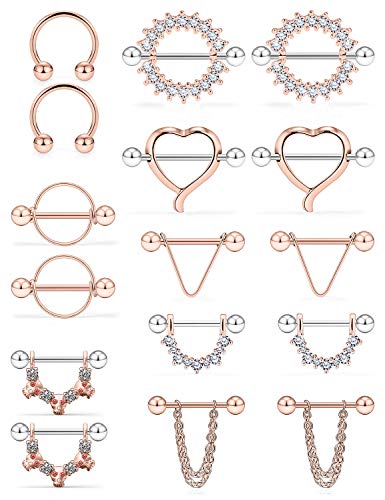 SCERRING 14G Nipple Rings Stainless Steel Nipplerings CZ Heart Tongue Shield Barbell Rings Retainer Body Piercing Jewelry for Women 9/16Inch 8 Pairs - color: 8 Pairs - Rose Gold
