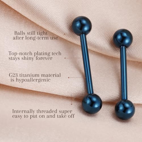 AROWRO Nipple Piercing Jewelry G23 Titanium Nipple Rings Tongue Rings Nipple Bar 14G Internally Threaded Straight Barbells Bridge Piercing Jewelry 12mm-20mm - color: Blue