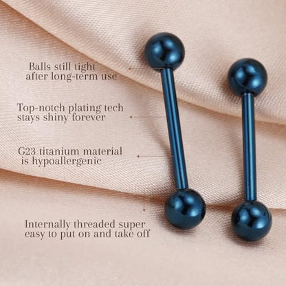 AROWRO Nipple Piercing Jewelry G23 Titanium Nipple Rings Tongue Rings Nipple Bar 14G Internally Threaded Straight Barbells Bridge Piercing Jewelry 12mm-20mm - color: Blue