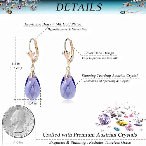 Austrian Crystal Teardrop Leverback Dangle Earrings for Women Fashion 14K Gold Plated Hypoallergenic Jewelry - color: Tanzanite
