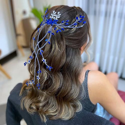 JHOO Rhinestone Hair Vine Comb, Bridal Wedding Hair Accessories,Silver Alloy Headpiece for Bridesmaids (Blue) - color: Blue