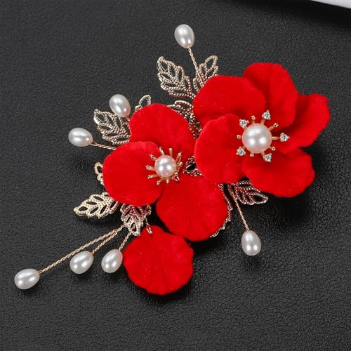 Bridal Flower Hair Clips, Crystal Hair Pins Pearl Rhinestone Hair Barrettes, Wedding Hair Pieces Pearl Headpieces Hair Accessories for Women Girls - color: Light Red