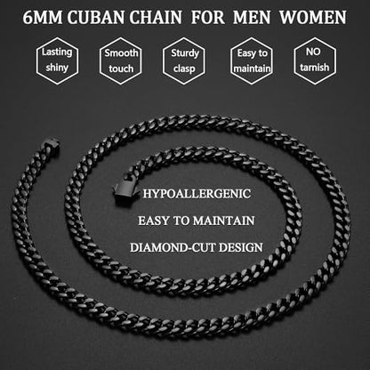 Fiusem Silver Tone/Black/14K Gold Plated Chain Necklace for Men, 5mm/6mm/7.5mm/8mm/9mm Stainless Steel Cuban Link Chain Necklace, Men's Chains 18-28 Inch Jewelry Gifts - size: 18", style: 6mm black