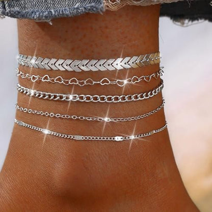 Fesciory 14K Gold Plated Ankle Bracelets Sets For Women, Adjustable Layered Infinite Anklet, Summer Beach Butterfly Star Foot Chain Jewelry Gifts - style: Heart Set(Silver)