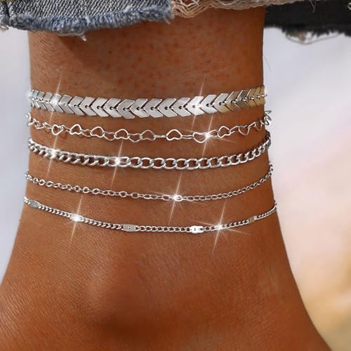 Fesciory 14K Gold Plated Ankle Bracelets Sets For Women, Adjustable Layered Infinite Anklet, Summer Beach Butterfly Star Foot Chain Jewelry Gifts - style: Heart Set(Silver)