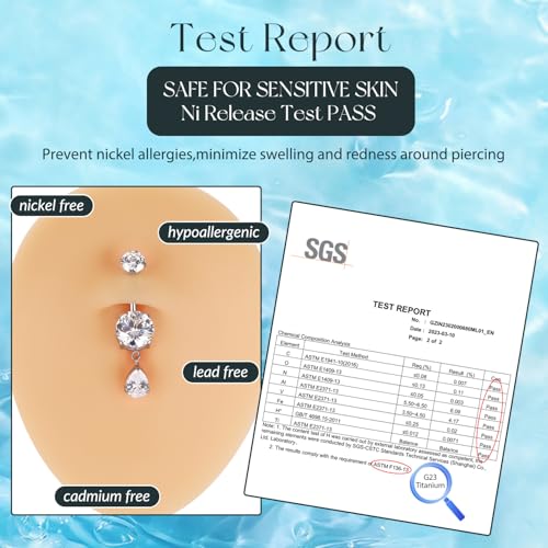 GAGABODY G23 Titanium Belly Button Rings Dangly Belly Ring Navel Piercing Ring Belly Piercing Jewelry 14G 3/8 inch 10mm Navel Barbell CZ - color: Silver+Dangly Waterdrop Shape Clear CZ