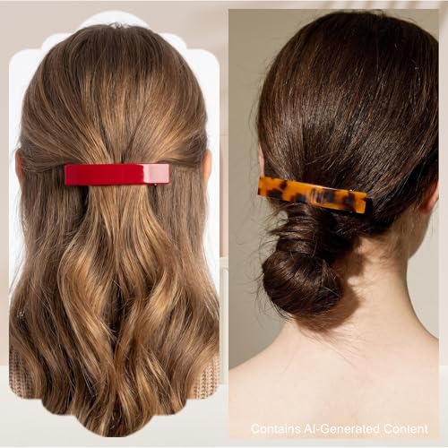 2 Pack French Design Hair Barrettes Tortoise Shell Acetate Celluloid Rectangle Hair Clips for Women - color: Tortoise+Red