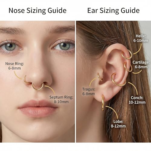 6Pairs Nose Rings Hoops - 316L Surgical Steel Hinged Nose Hoops 16G/18G/20G Clicker Septum Nose Ring Lip Helix Cartilage Hoop Earring Daith Rook Conch Body Piercing Jewelry for Women Men 6mm 7mm 8mm 9mm 10mm 12mm - color: Gold, size: 16 gauge(1.2mm)