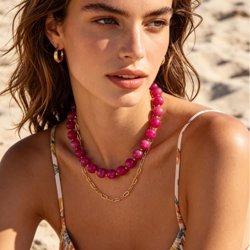 Colorful Beaded Necklace for Women Boho Statement Chunky Necklace Natural Stone Beads Gemstone Choker Necklaces Handmade Summer Beach Jewelry - color: Hot Pink