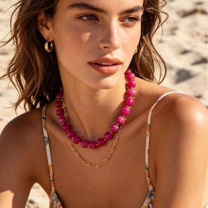 Colorful Beaded Necklace for Women Boho Statement Chunky Necklace Natural Stone Beads Gemstone Choker Necklaces Handmade Summer Beach Jewelry - color: Hot Pink
