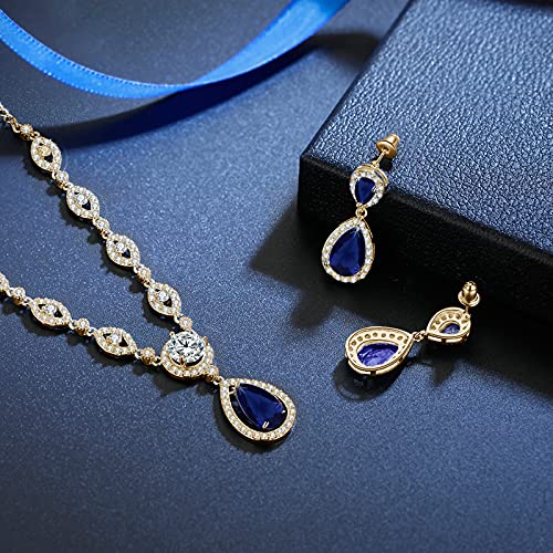 GULICX AAA Cubic Zirconia CZ Silver Plated Base Women's Party Jewelry Set Earrings Pendant Necklace - color: Blue CZ-gold plated