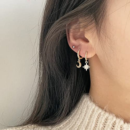 DAILY VIBES Cute Gold Mini Dangle Huggie Hoop Earrings for Women Trendy | 14K Gold Plated, Dainty Cubic Zirconia, Small Hoop Earrings with Charm Drop, Jewelry Gift for Women Ladies - color: Moon and Star CZ