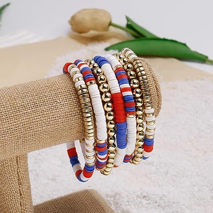 Elegance 11 designs Heishi Beaded Bracelets For Women Polymer Clay Colorful Surfer Stackable Beads Boho Bracelet Summer Beach Jewelry - color: Red white blue